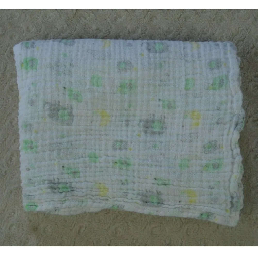 Chick Pea Elephants Baby Swaddle Blanket White Green Gray Yellow Muslin Moon
